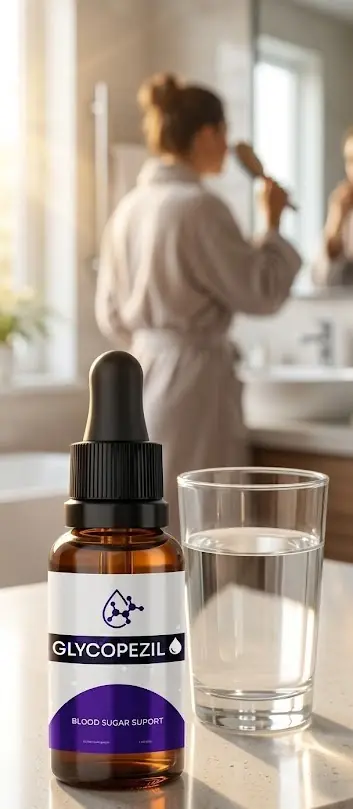 GlycoPezil supplement bottle with glass of water for daily use